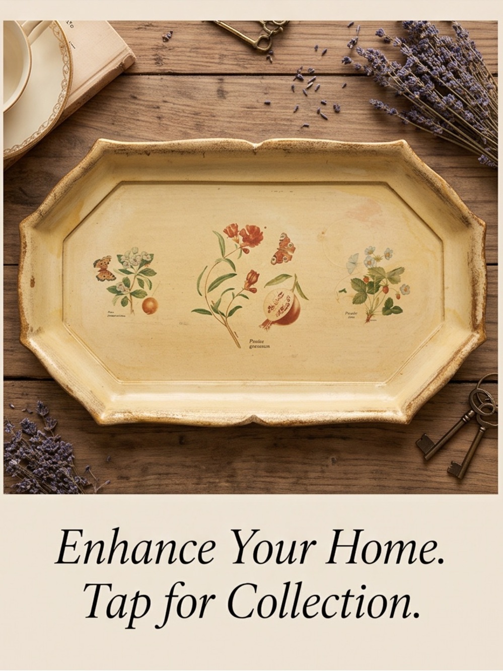 Vintage decorative wooden tray with botanical print and distressed finish